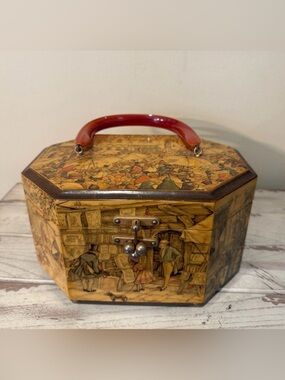 Vintage Anton Pieck Decoupage Wood Octagon Box Purse Red Lucite Handle 70s